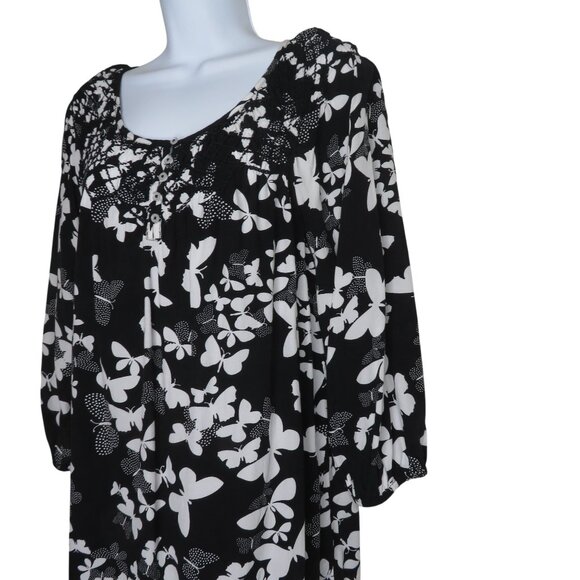 Talbots Womens Black White Butterfly 3/4 Sleeve Tunic Top S Crochet Detail - Picture 7 of 12